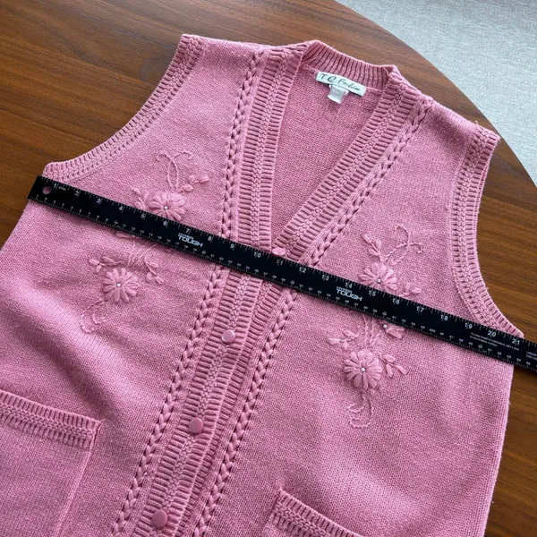 90s Vintage TC Fashion Pink Sweater Vest L Floral Embroidered Knit Coquette - Image 6