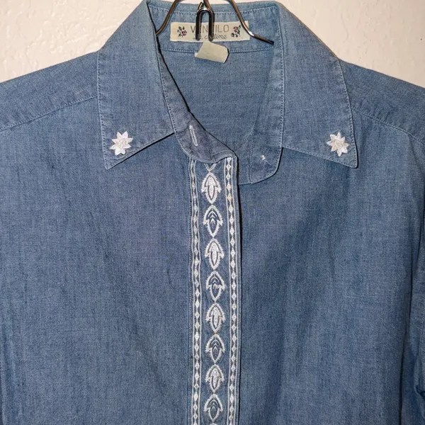 Vintage Embroidered Denim Shirt Long Sleeve Boho Western Country - Image 2