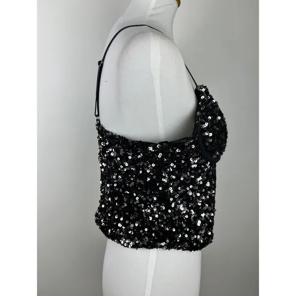 Sequin Corset Bustier Top Underwire Adjustable Straps Black Silver M Size M - Image 10