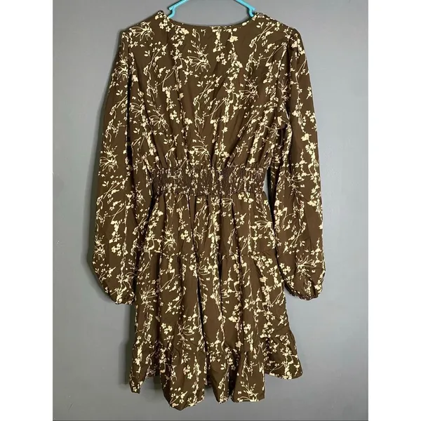 Hapsho Brown Floral Elastic Sleeve Dress Size Medium NWOT - Image 7