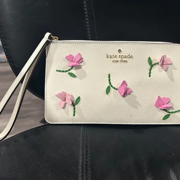 kate spade Cream Wristlet with Pink Floral Appliqués and Green Accents - Image 2