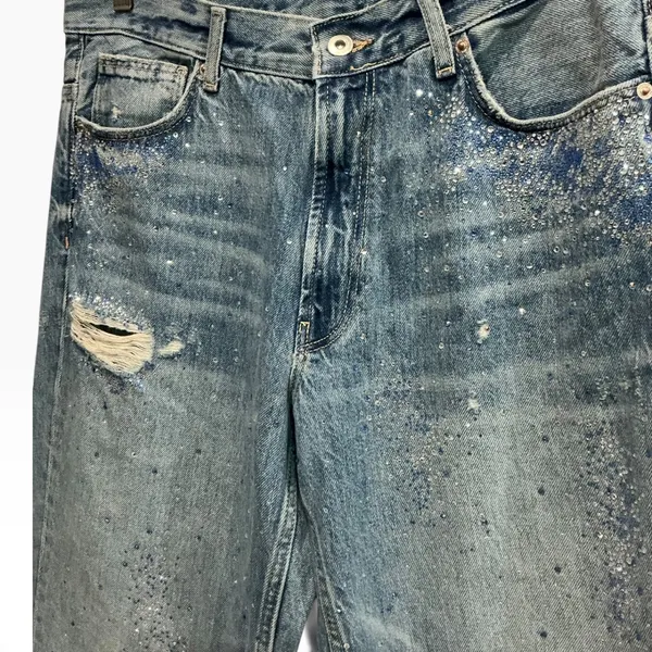 Zara TRF Straight Leg‎ Rhinestone Jeans Blue Size 10 High Rise Distressed - Image 3