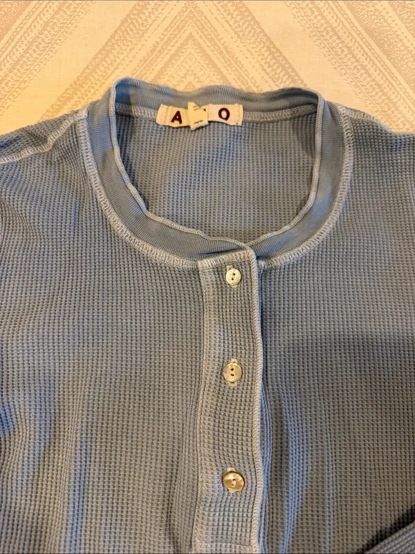 AMO Women’s Small Light Blue Waffle Knit Long Sleeve Henley Shirt - Image 2