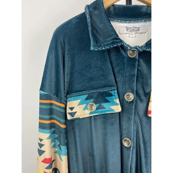 Rowdy Crowd Blue Western Aztec Soft Ribbed Velvet Long Sleeve Button‎ Up Shirt L - Image 5