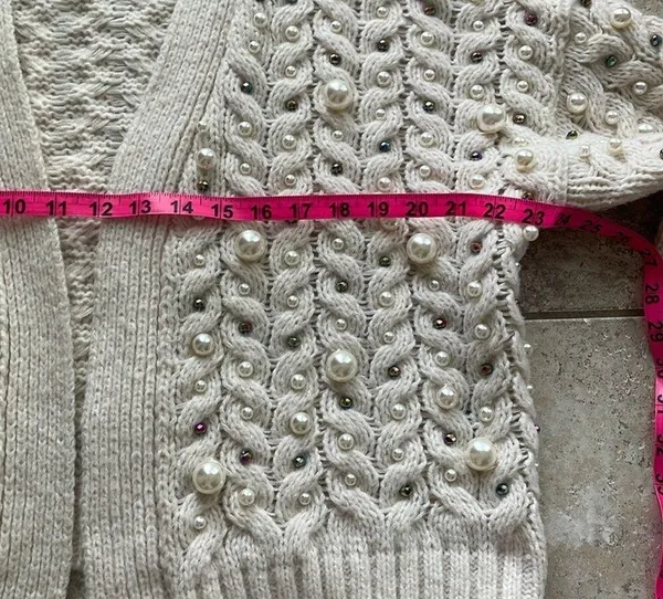 Anthropologie Embellished Pearl Open Cream Cardigan - Image 13