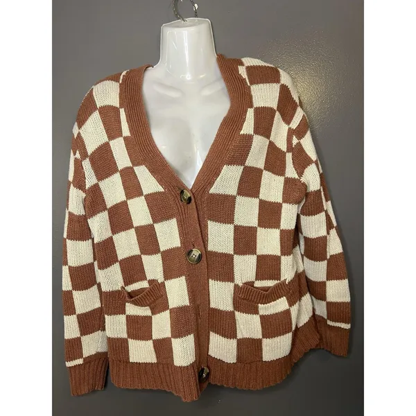 American Eagle Cardigan Sweater Womens XS Brown Checkered V Neck Button Front - Image 2