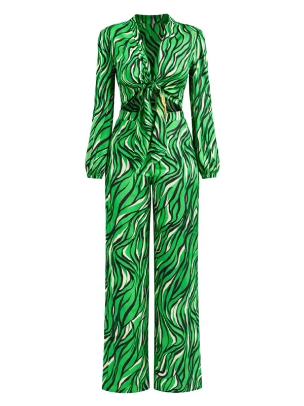 Green Zebra Print Tie Front Top & Wide Leg Pants Set Size M NWT - Image 4