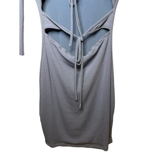 White Fox Boutique Dusty Blue Ribbed Cut Out Tie Front Long Sleeve Mini‎ Dress M - Image 4