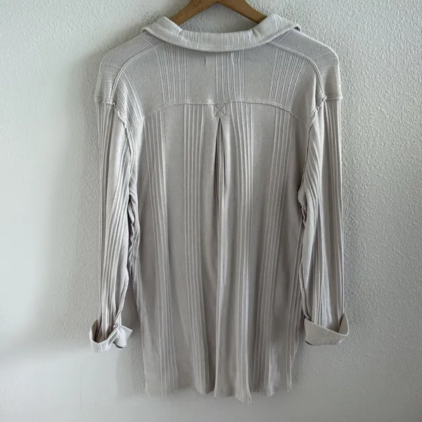 Free People We The Free Cream Ribbed Top Collar Long Sleeve Tunic Medium - Image 2