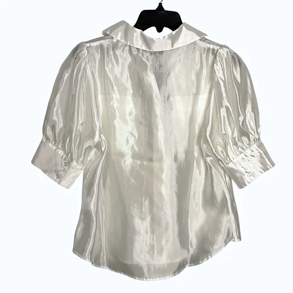 Gracia Satin Button Down Blouse Women Medium White Chic Puff Sleeve Collared Top - Image 4