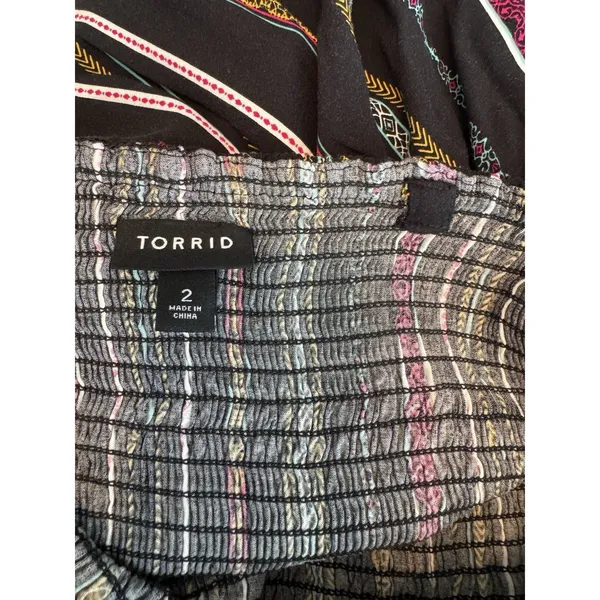 Torrid Size 2 Strapless Ruffle Dress Black Multicolor Stripe Boho Smocked Rayon - Image 9