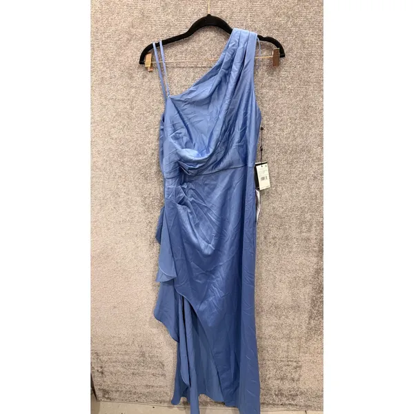 Adrianna Papell Women Gown 6 Blue Satin Crepe One Shoulder Ruffle Side Slit - Image 2