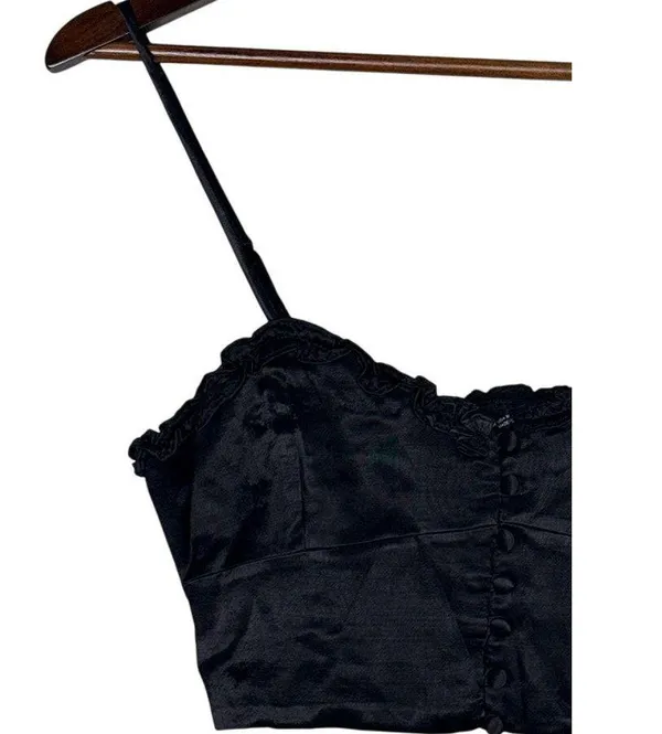 Zara Ruffled Satin Crop Top Adjustable Straps Front Buttons Smocked Back M Black - Image 3