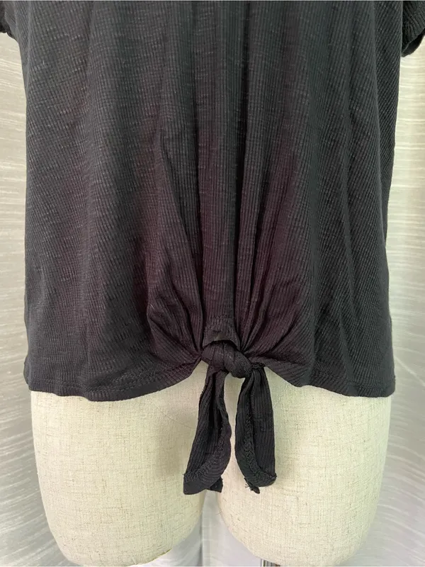 Pink Rose Black Short Sleeve Tie-Front Top - Image 2