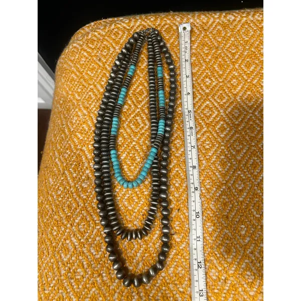Artisan Turquoise & Gunmetal Triple Strand Beaded Necklace Southwestern Statement - Image 7
