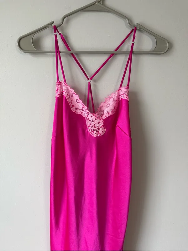 Victoria’s Secret Hot Pink Lace Trim Slip Dress Laungerie Floral Intimates S - Image 2