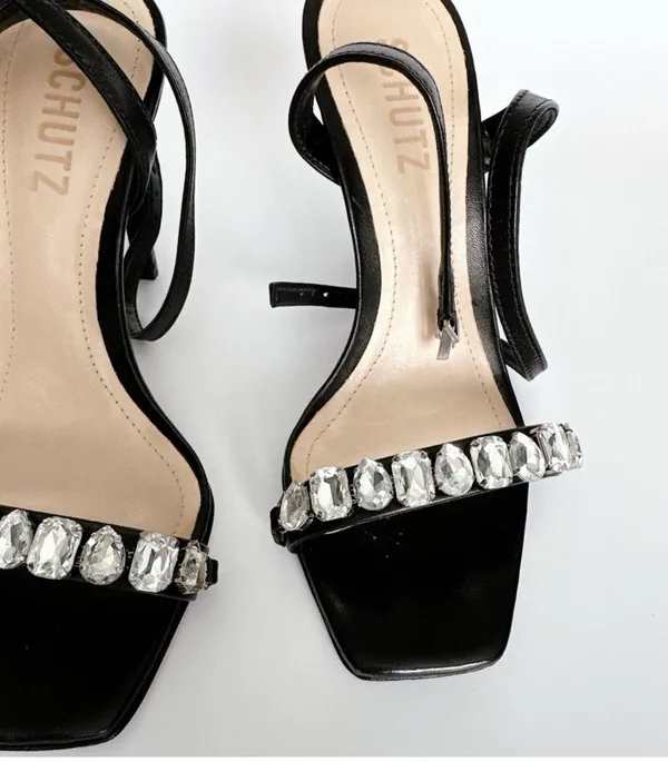 $138 Revolve Statement Black Lylah Strappy Rhinestone Sandal Heels 6 - Image 5