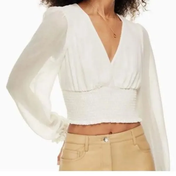 Wilfred Wistful white Blouse - Aritzia V neck‎ sheer sleeves smocked bodice M - Image 2