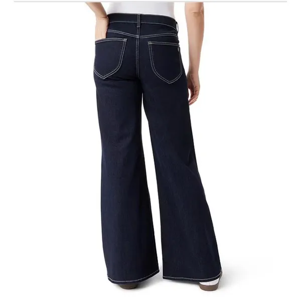Frayed Jeans Womens High Rise Wide Leg Seam Front Contrast Stitch Indigo Blue 6 - Image 2
