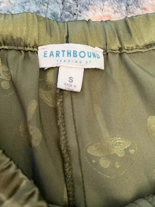 EARTHBOUND Olive Green Satin Joggers with Mushroom print Size Small - Image 4