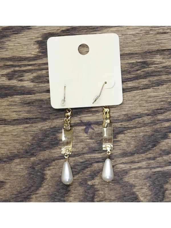 NWT Melody Fashion Dangly Rhinestone Faux Pearl Drop Earrings Gold Yellow 2.75" - Image 4