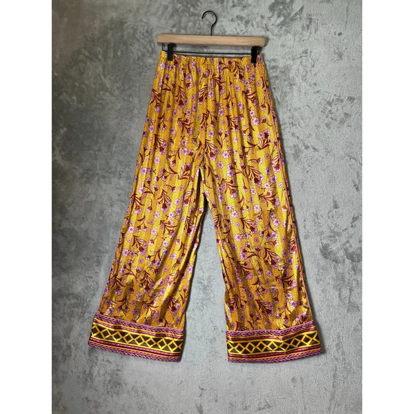Free People Intimately Floral Wide Leg Pants XS Boho Palazzo Pull On Yellow Pink - Image 3