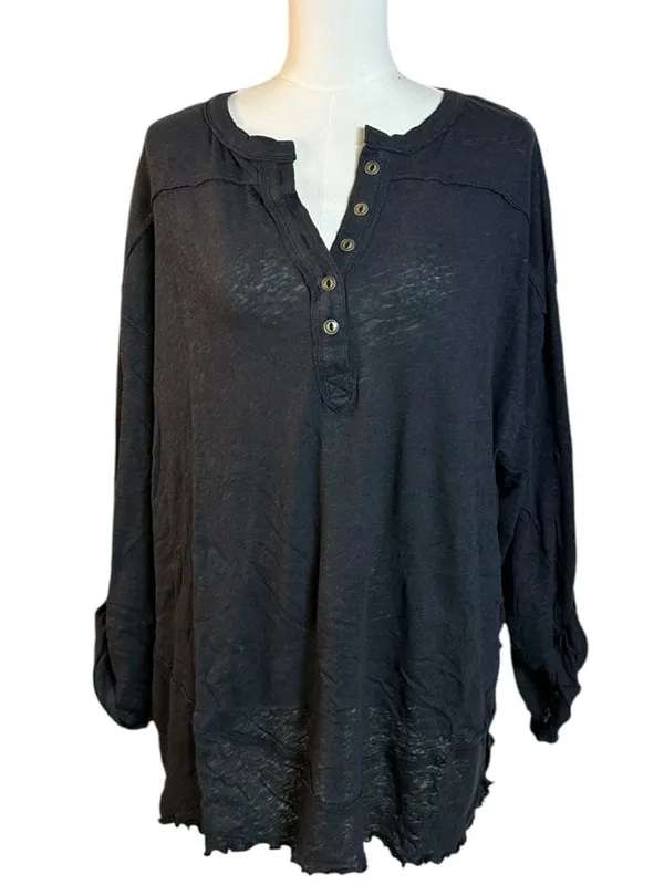 Free People Oversized Slouchy Cotton Linen Henley Tee in Black Medium NWT - Image 4