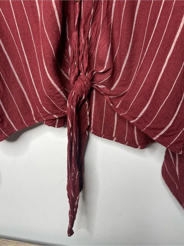 American Eagle Maroon Striped Tie-Front Button Up Blouse (X-Large) - Image 4