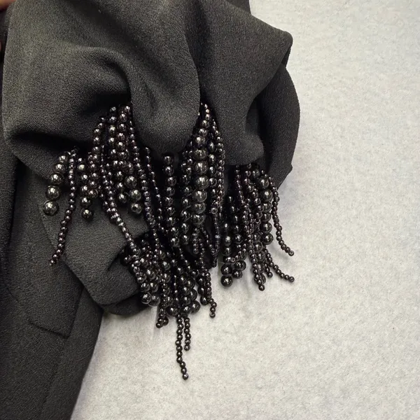 ELLIATT Black‎ Beaded Fringe Puff Sleeve Square Neck Midi Dress Womens Large L - Image 7