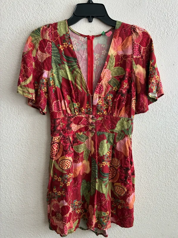 Farm Rio Red Forest Floral Print Romper S - Image 4