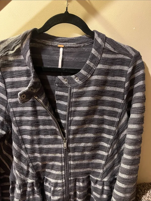 Free People Charcoal & Light Gray Striped Zip Peplum Jacket - Image 4