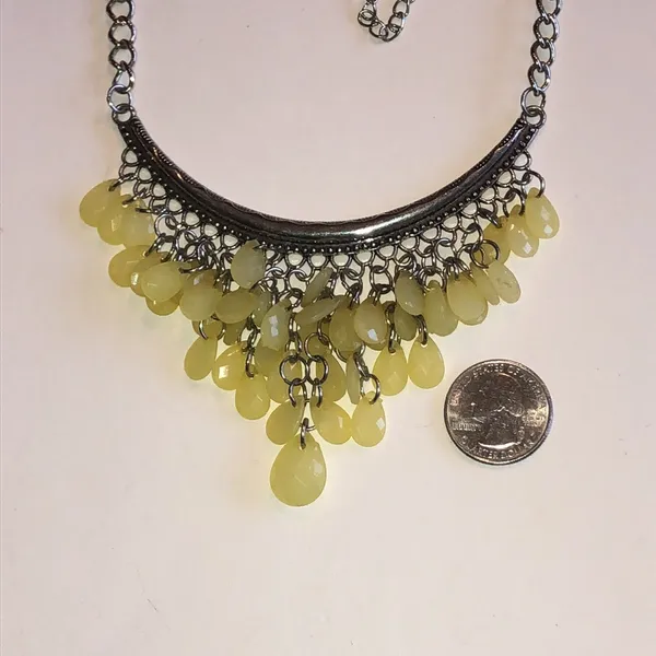 Yellow Teardrop Fringe Silver Tone Statement Necklace - Image 4