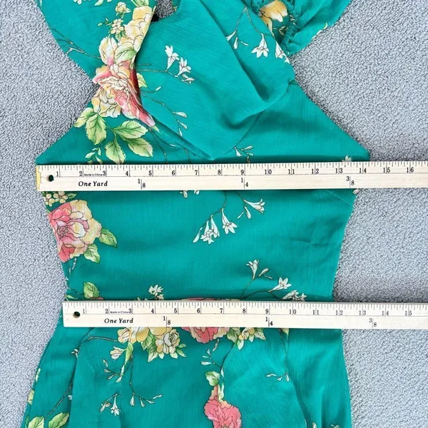 Lulus Romantic Love Floral Chiffon Ruffle Cold Shoulder Midi‎ Dress Green XS - Image 14