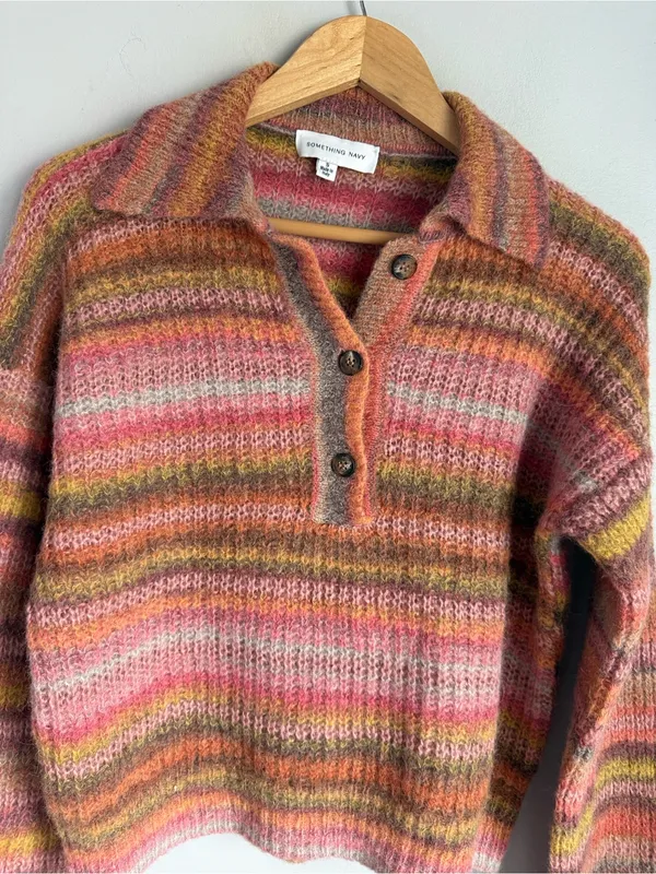 Something Navy Striped Polo Sweater Small - Image 4