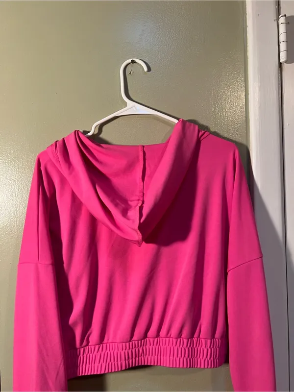 Womens Size XL Cropped Hoodie Bright Pink Banded Hem Long Sleeve Kangaroo Pocket - Image 7
