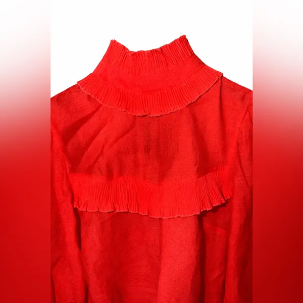 H&M Red Ruffle Mock-Neck Blouse - Image 3