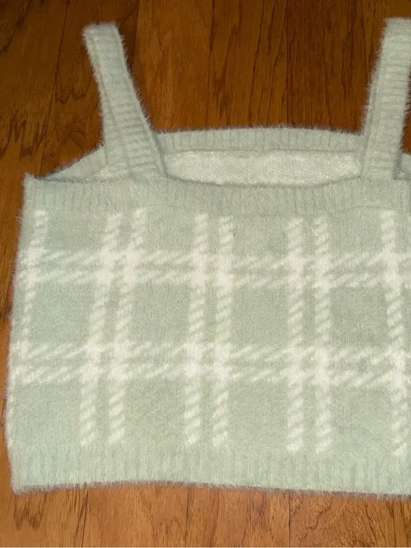 New PacSun Kendall & Kylie Light Mint Green + White Plaid Soft Cropped Top L - Image 12
