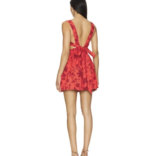 Free People Meet Me In Maui Red Printed Dress Size Medium Pinafore Bow - Image 3