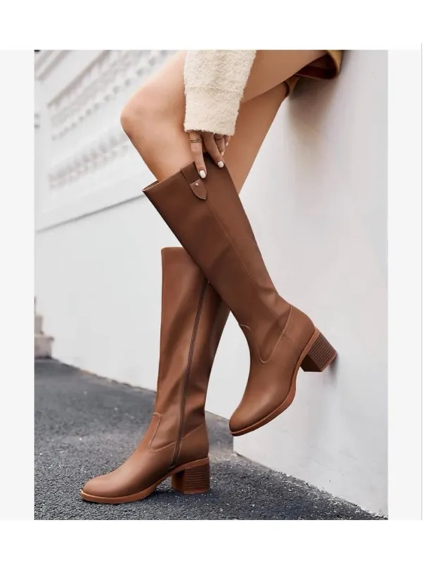 NEW Coutgo Brown Knee High Low Chunky Heel Round Toe Tall Boots 9 - Image 3