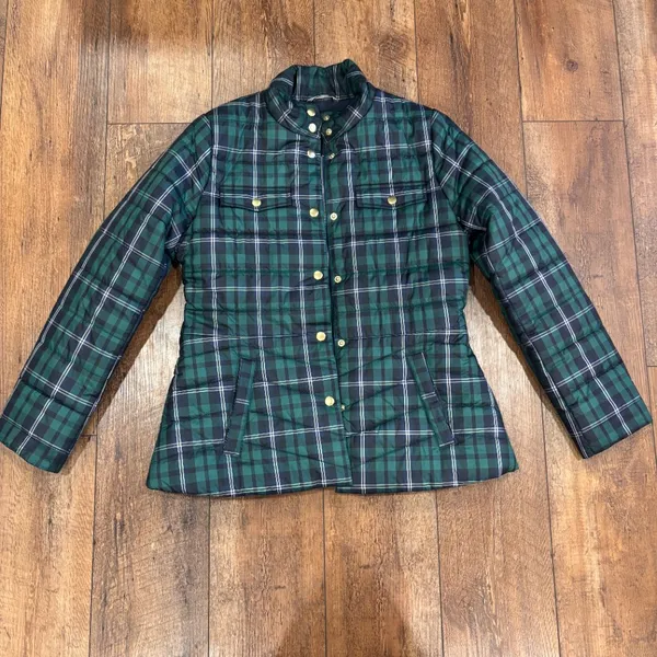 J. Crew Womens Puffer Jacket Size Small Green Tartan Plaid Zip Front (NO BELT) - Image 2