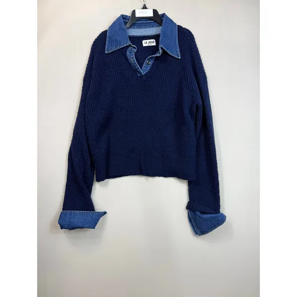 LE JEAN Harvey blue Denim Collar Sweater Large - Image 2