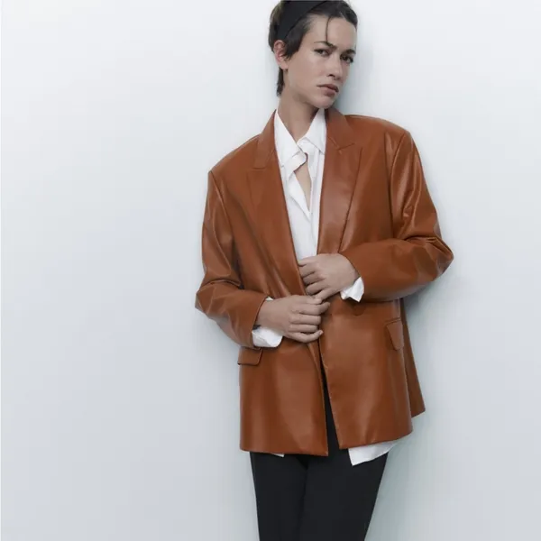 Zara FAUX LEATHER BLAZER Jacket Brown NEW - Image 5