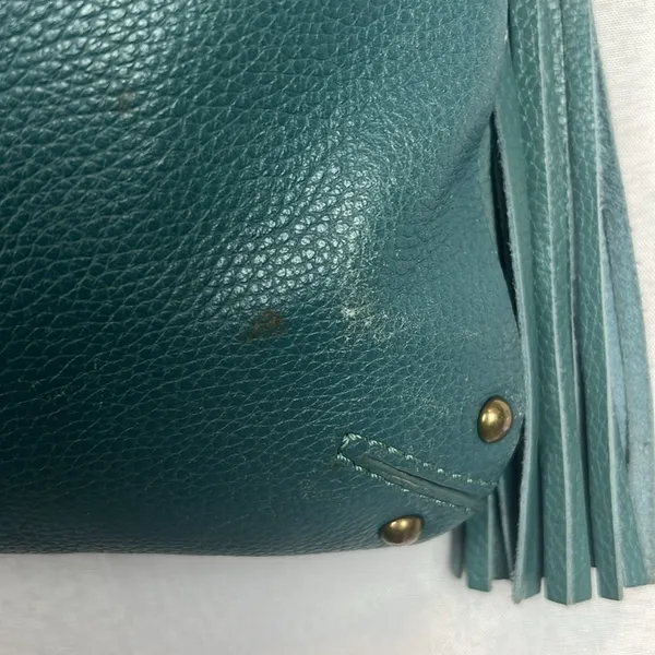 Lucky Brand Teal Leather Foldover Crossbody Hobo Bag Boho Fringe Distressed - Image 3