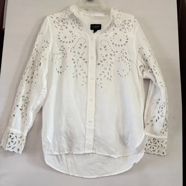 J.Crew Collection White Linen‎ Eyelet Embroidered Button Down Shirt Camisole 6 - Image 9