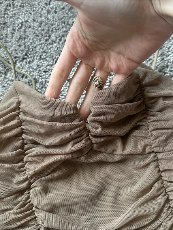 Ruched Spaghetti-Strap Bodycon Dress in Tan - Image 3