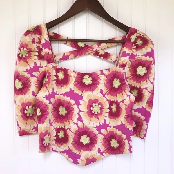 FREE PEOPLE Give Me‎ More Floral Crop Top Puff Sleeve Crisscross Back Small - Image 4