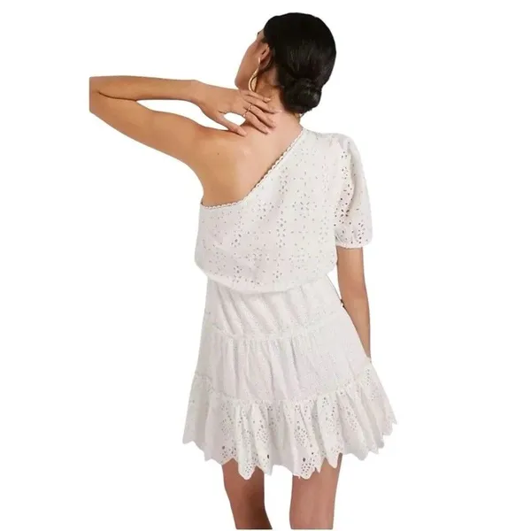 HEMANT AND NANDITA White Eyelet One Shoulder Tiered Dress Size 4 Anthropologie - Image 3
