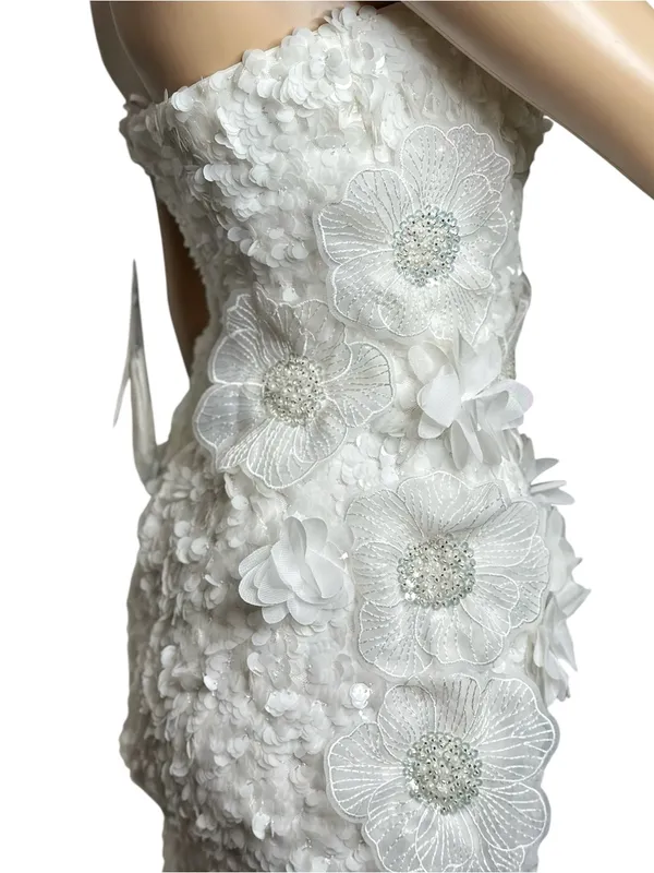 DRESS THE POPULATION Izza 3D Floral Sequined Gown, White, XXS - Image 8