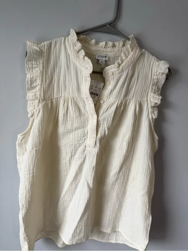 J. Crew Ruffle Sleeve Cotton Gauze Sleeveless Top Beige Ivory Flowy Boho Size M - Image 2