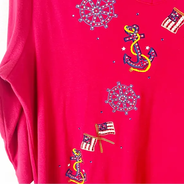 QUACKER FACTORY Red Long Sleeves Embellished Beaded Patriotic Top, Size Large - Image 6